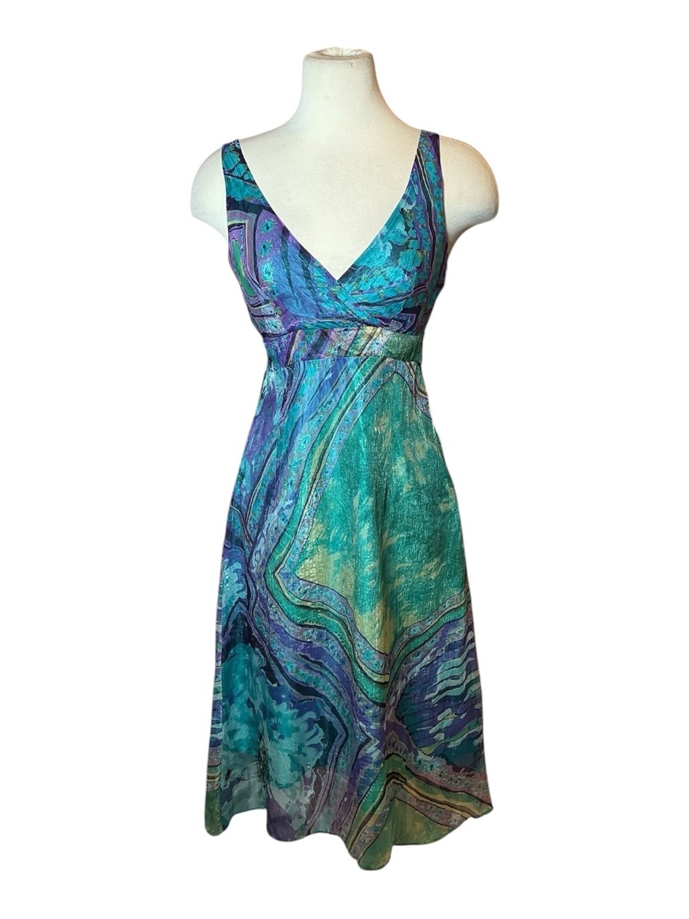 Vintage Y2K V.O.K Plunge Neck Floral Print Geometric Midi Dress